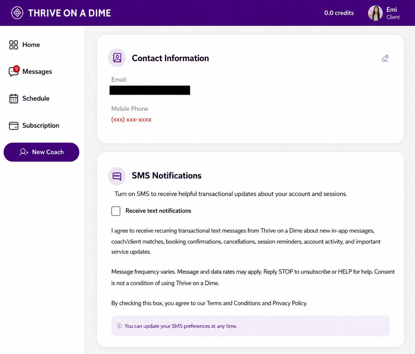 Thrive on a Dime Account Settings page showing a mobile phone field and an unchecked Receive text notifications checkbox with the full SMS disclosure.